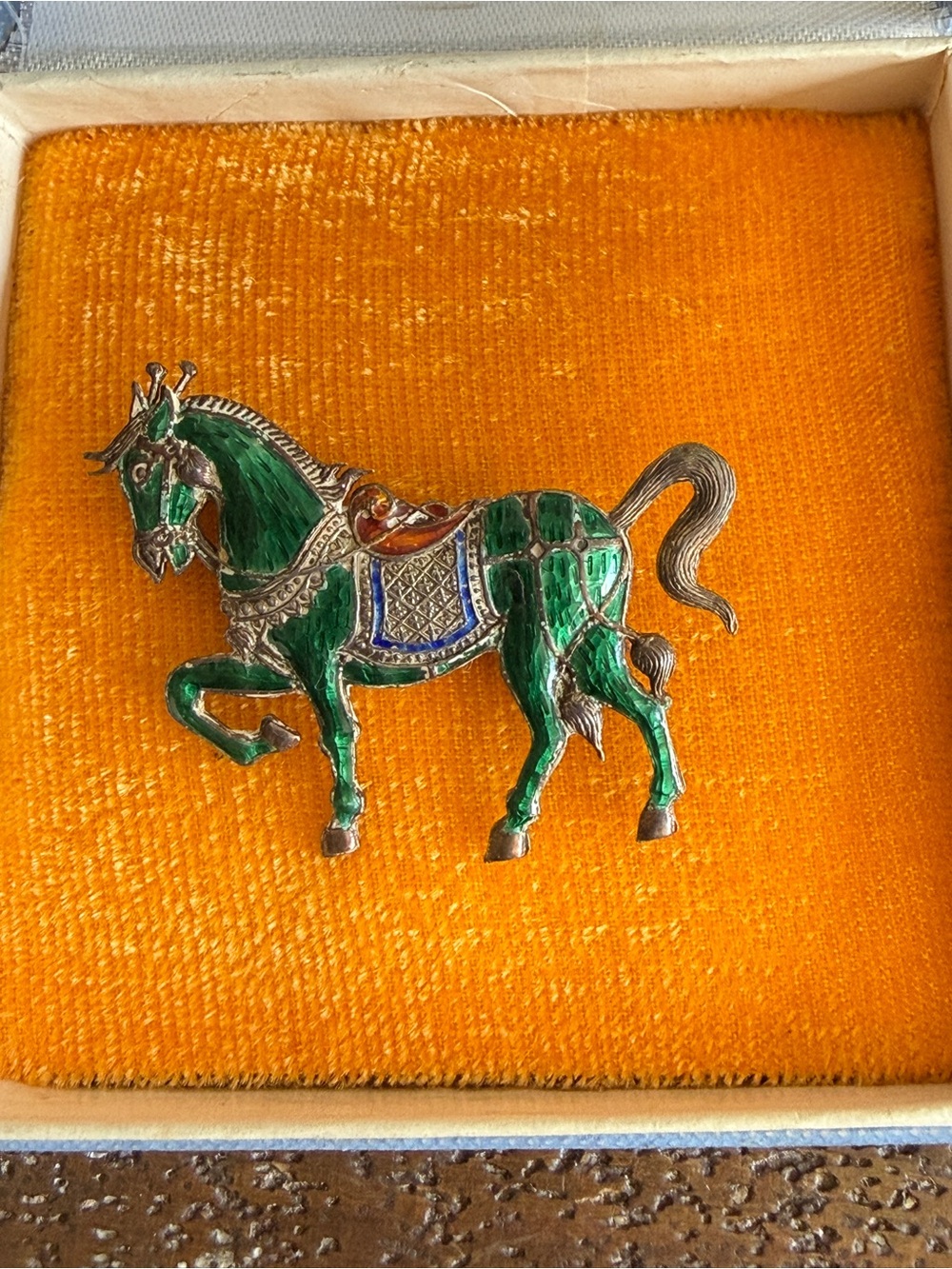 Rare Find Vintage Brass & Green Multi Enamel  Horse Pin 1.75 x 1.50”